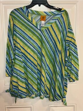 Ruby Rd. Green Blue Yellow Striped V-Neck Tunic with Side Ties